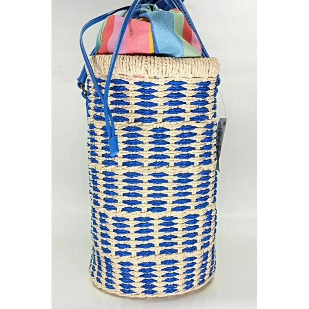 On 34th Isabellaa Women's Straw Medium Drawstring Tote Blue Stripe (MSRP $130)